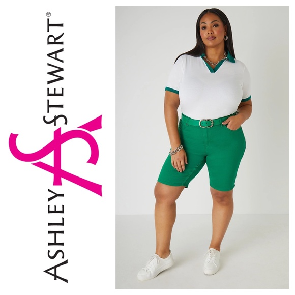 Ashley Stewart Plus Size Fearless Green Stretch Denim Shorts - Picture 1 of 6
